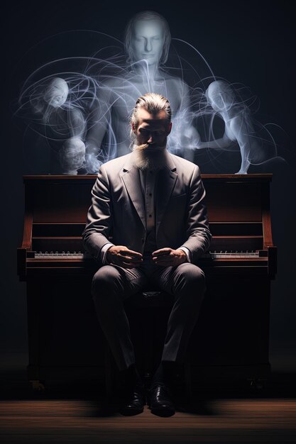 Photo a man sits in front of a piano with smoke coming out of his mouth