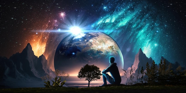 A man sits in front of a planet with the sun shining on it