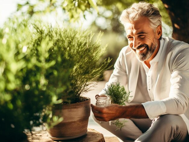 Photo a man sits in front of a pot of plants and a jar of water