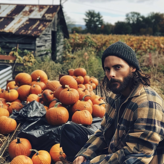 Photo a man sits in front of a pumpkin patch