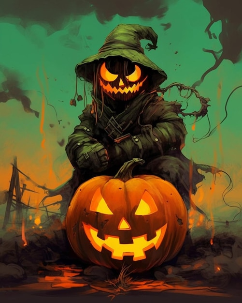 a man sits in front of a pumpkin that has a pumpkin on it.