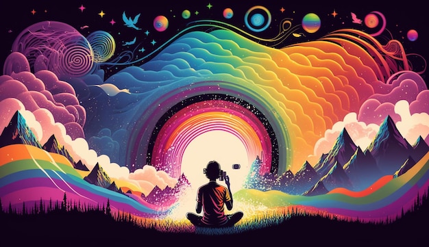 A man sits in front of a rainbow and looks at the sky.