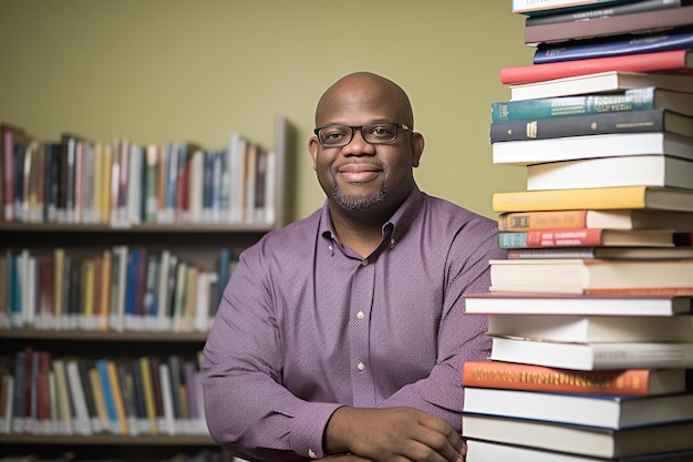 A man sits in front of a stack of books.