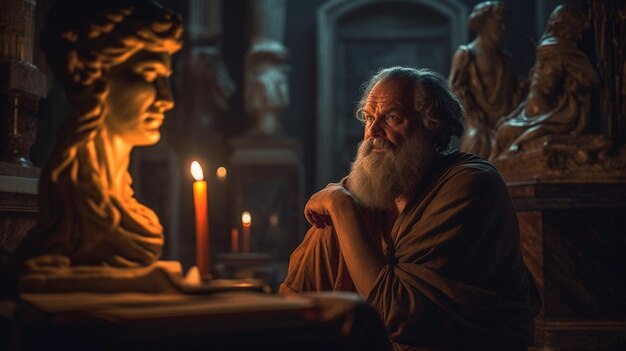 A man sits in front of a statue in a dark room.