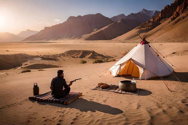 a man sits in front of a tent and a campfire.