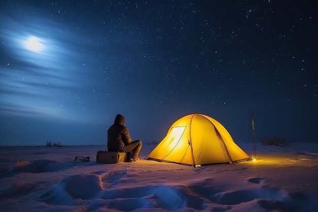 A man sits in front of a tent in the snow under a full moon.