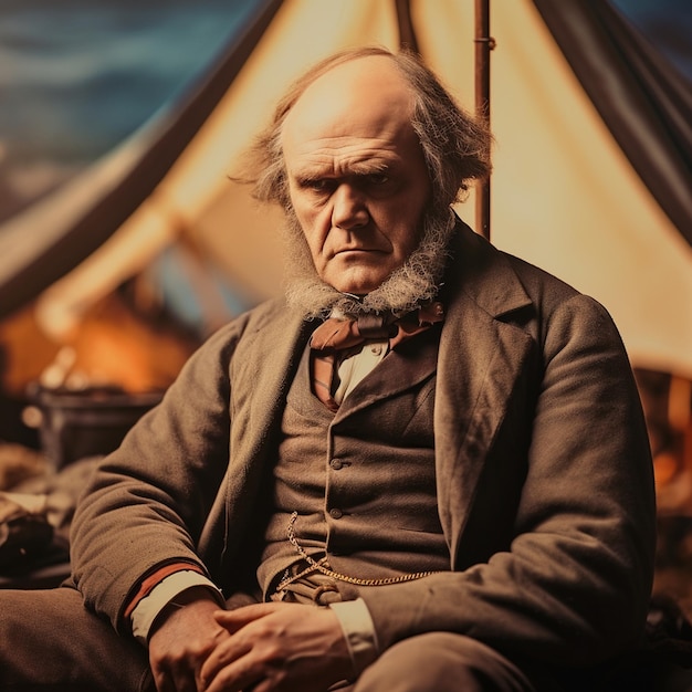 a man sits in front of a tent with a tie on it.