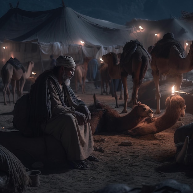 A man sits in front of a tent with the words'camels'on it