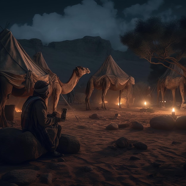 A man sits in front of tents with a camel in the background.