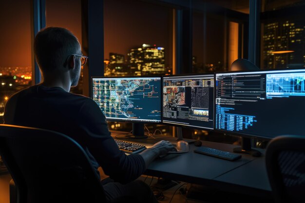 Premium Photo | A man sits in front of two computer monitors focused ...