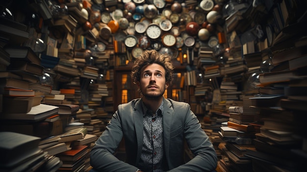 a man sits in front of a wall of books