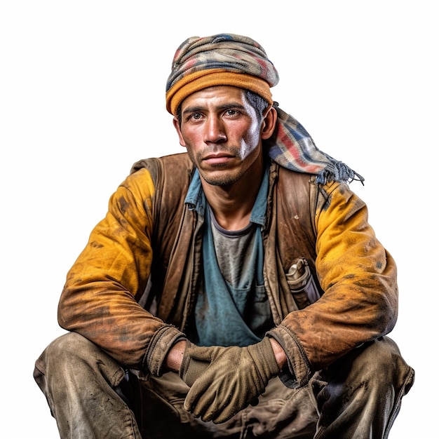 A man sits in front of a white background with a dirty shirt and a yellow hat.