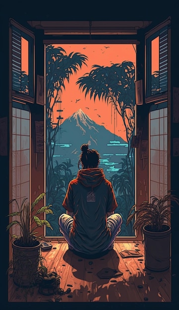 A man sits in front of a window looking out to a mountain.