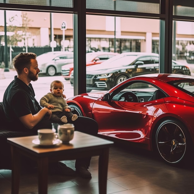 a man sits in front of a window with a baby and a red car in the background.