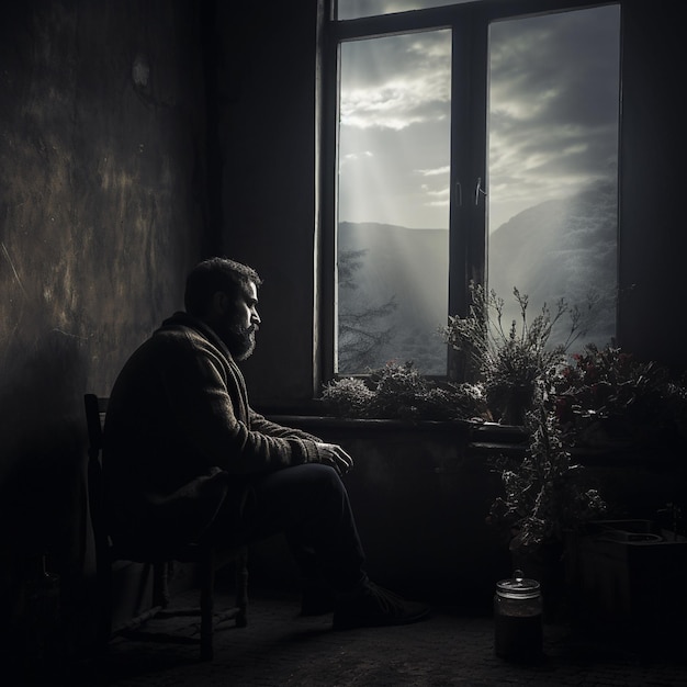 a man sits in front of a window with mountains in the background.