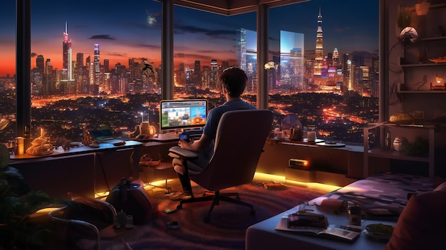 A man sits in front of a window with a view of the city at night.