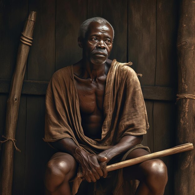 Photo a man sits in front of a wooden wall with a stick in his hand