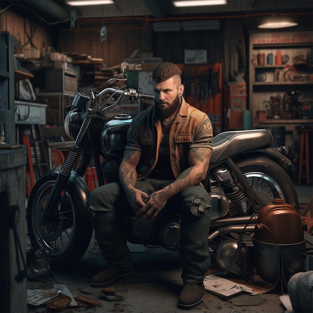 A man sits in a garage with a motorcycle and a helmet on his head