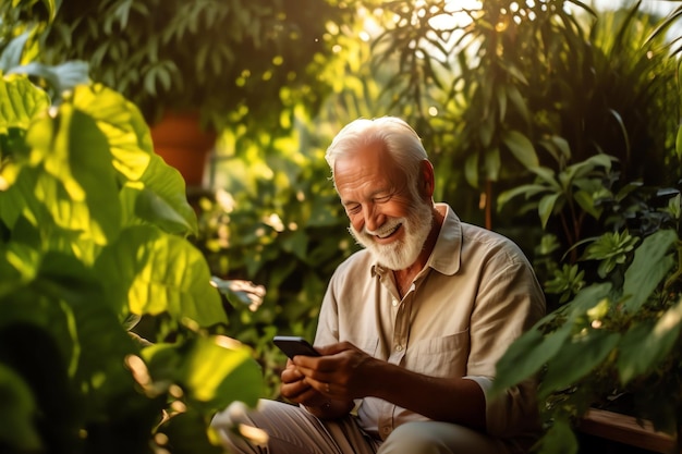 A man sits in a garden and looks at his phone