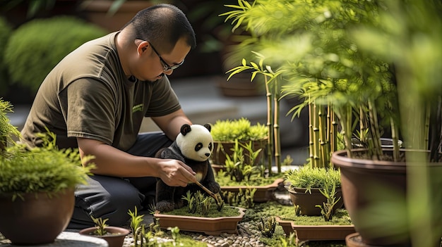 a man sits in a garden with a panda bear and a panda bear.