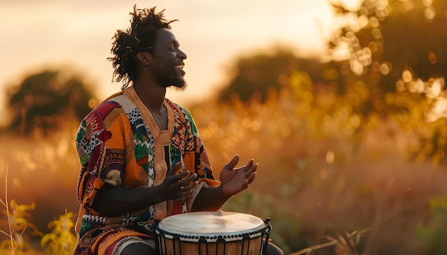 A man sits in the grass with a drum in front of him