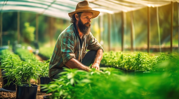 A man sits in a greenhouse and looks at plants.