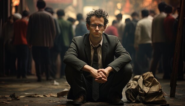 a man sits on the ground in front of a crowd of people