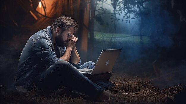 A man sits on the ground in front of a lit up tree and looks at a laptop.