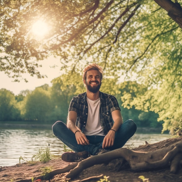 A man sits on the ground in front of a tree with the sun shining on him