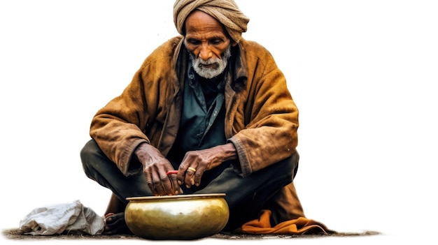 a man sits on the ground with a gold object in his hand.