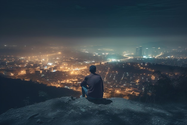 A man sits on a hill looking at a city at night