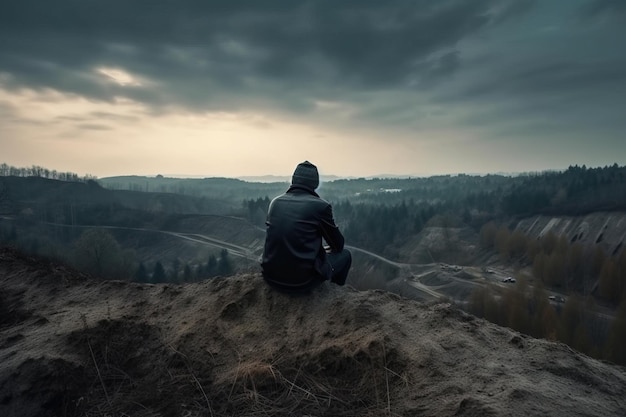 A man sits on a hill looking at a valley