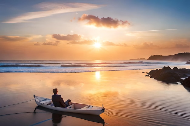 A man sits in a kayak on a beach at sunset.
