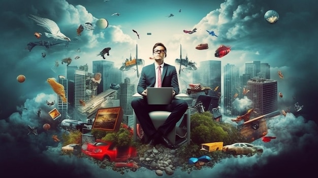 A man sits on a laptop in front of a cityscape.