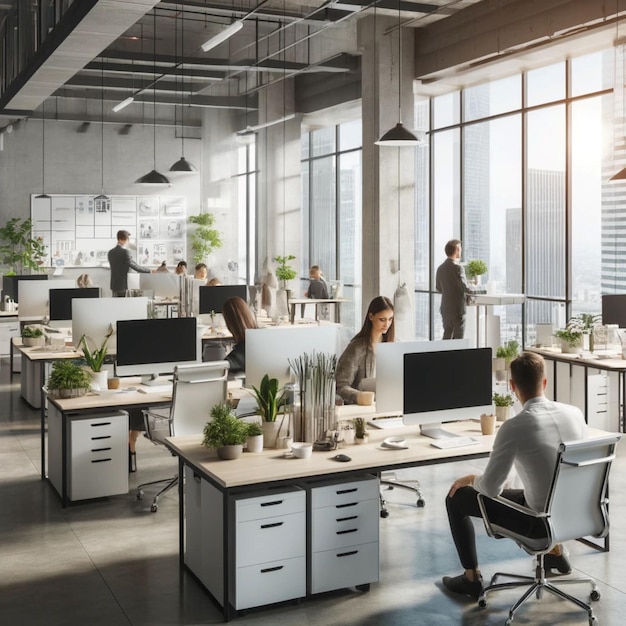 a man sits in a large office with a computer on the desk