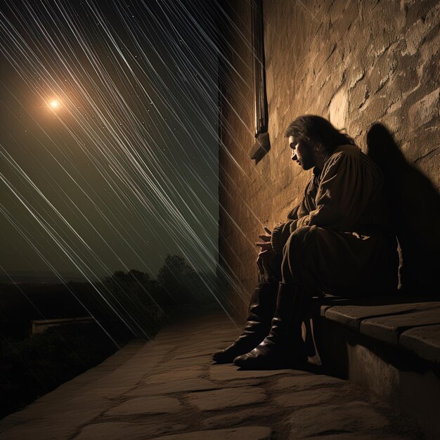 a man sits on a ledge in front of a wall with stars in the background