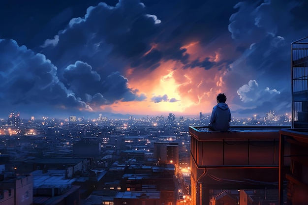 A man sits on a ledge looking at a city at night.