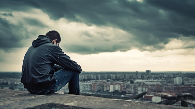 A man sits on a ledge looking at a cityscape