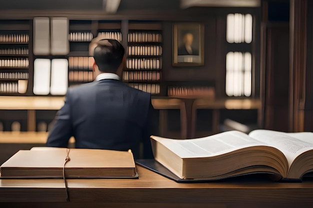 A man sits in a library reading a book.