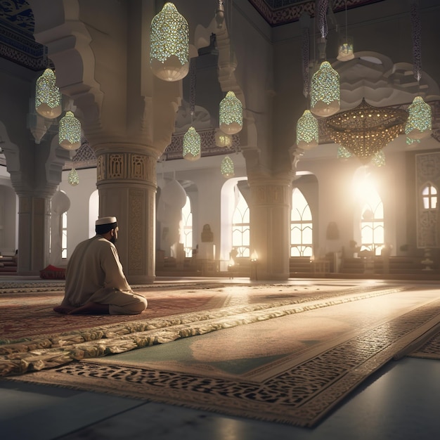 A man sits in a mosque in a mosque with a light hanging from the ceiling.