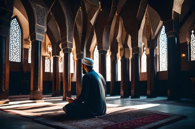 A man sits in a mosque with his hands folded in prayer.