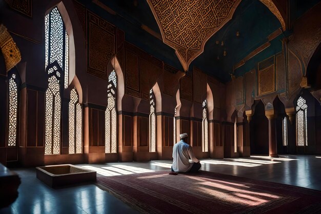 Foto un uomo si siede in una moschea con una preghiera al centro della stanza.