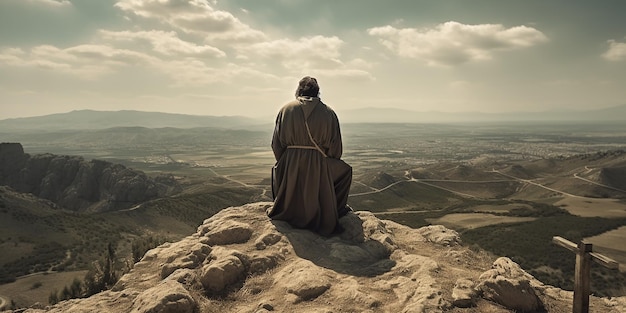 A man sits on a mountain looking at a valley