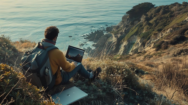 Фото Мужчина сидит на скале с видом на океан с помощью ноутбука