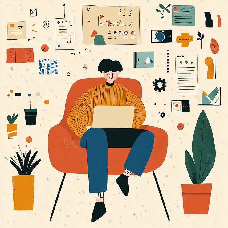 Photo a man sits in an orange chair with a laptop on his lap