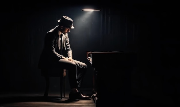 불이 켜진 어두운 방에서 한 남자가 피아노 앞에 앉아 있다.