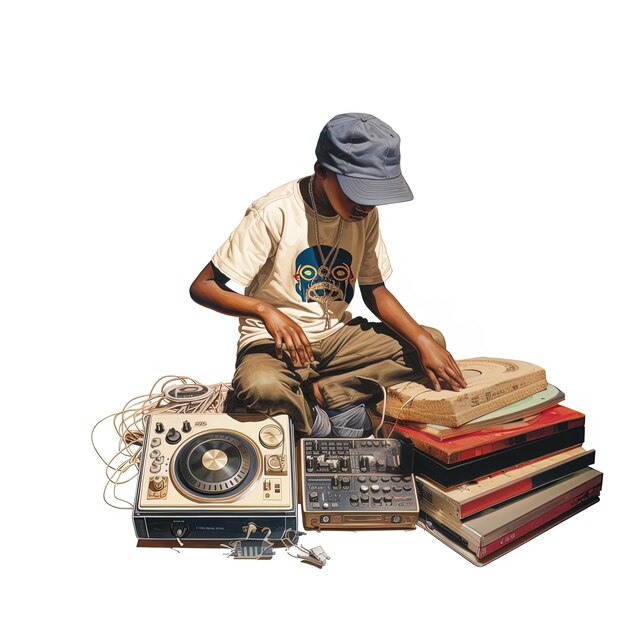 a man sits on a pile of books with a camera on the front