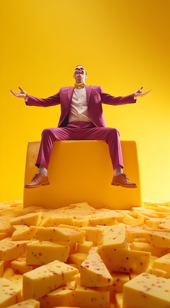 A man sits on a pile of cheese