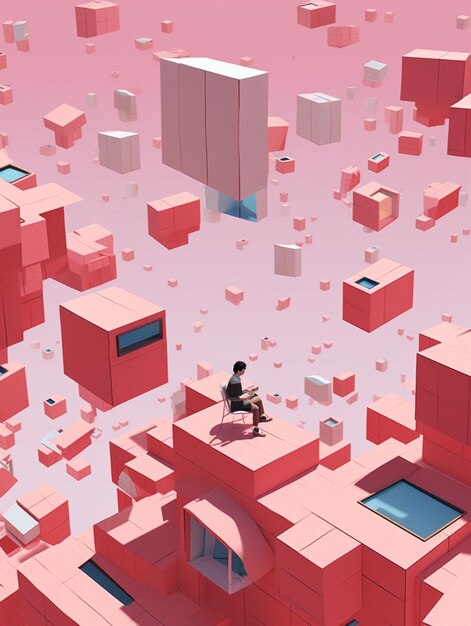A man sits on a pink background surrounded by boxes and the words