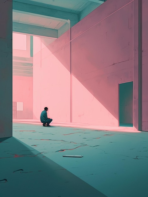 A man sits in a pink room with a blue background and the words